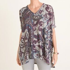 Chico’s oversized boxy Paisley V-Neck Women’s Knit Top - Purple and Gray